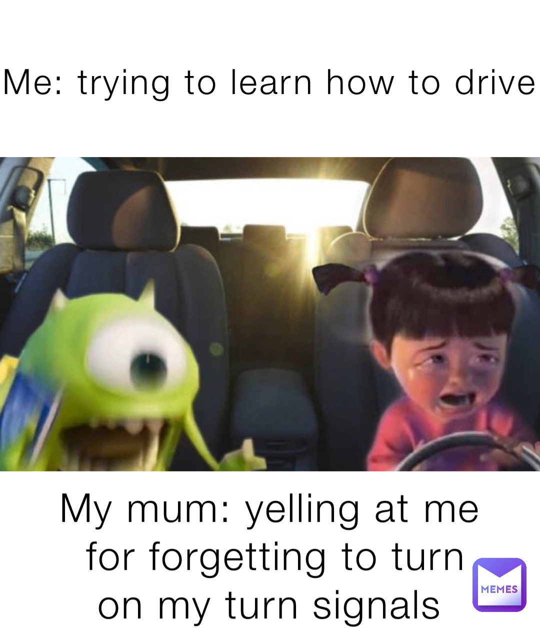 Me: trying to learn how to drive My mum: yelling at me for forgetting to turn on my turn signals