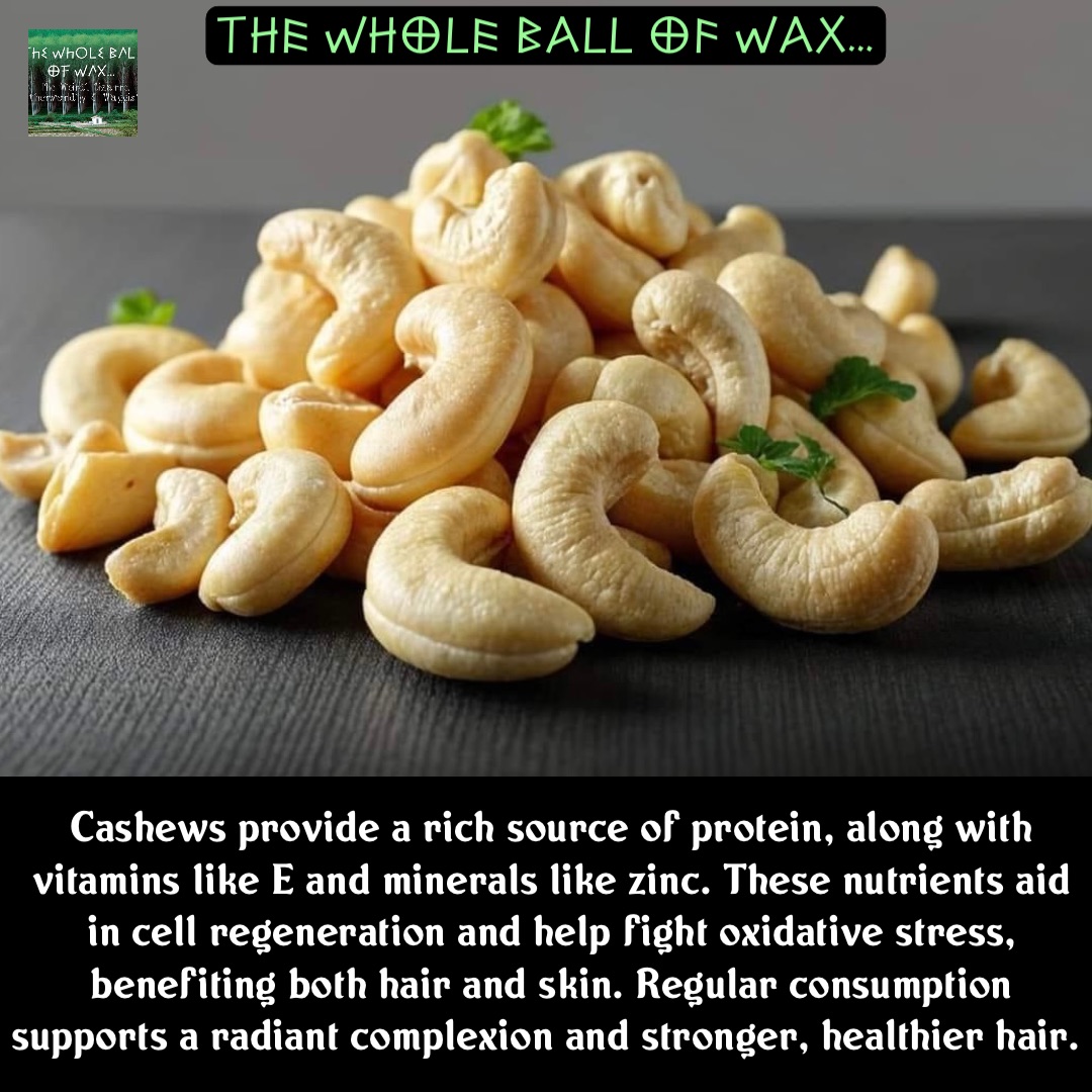 Double tap to edit Cashews provide a rich source of protein, along with vitamins like E and minerals like zinc. These nutrients aid in cell regeneration and help fight oxidative stress, benefiting both hair and skin. Regular consumption supports a radiant complexion and stronger, healthier hair.