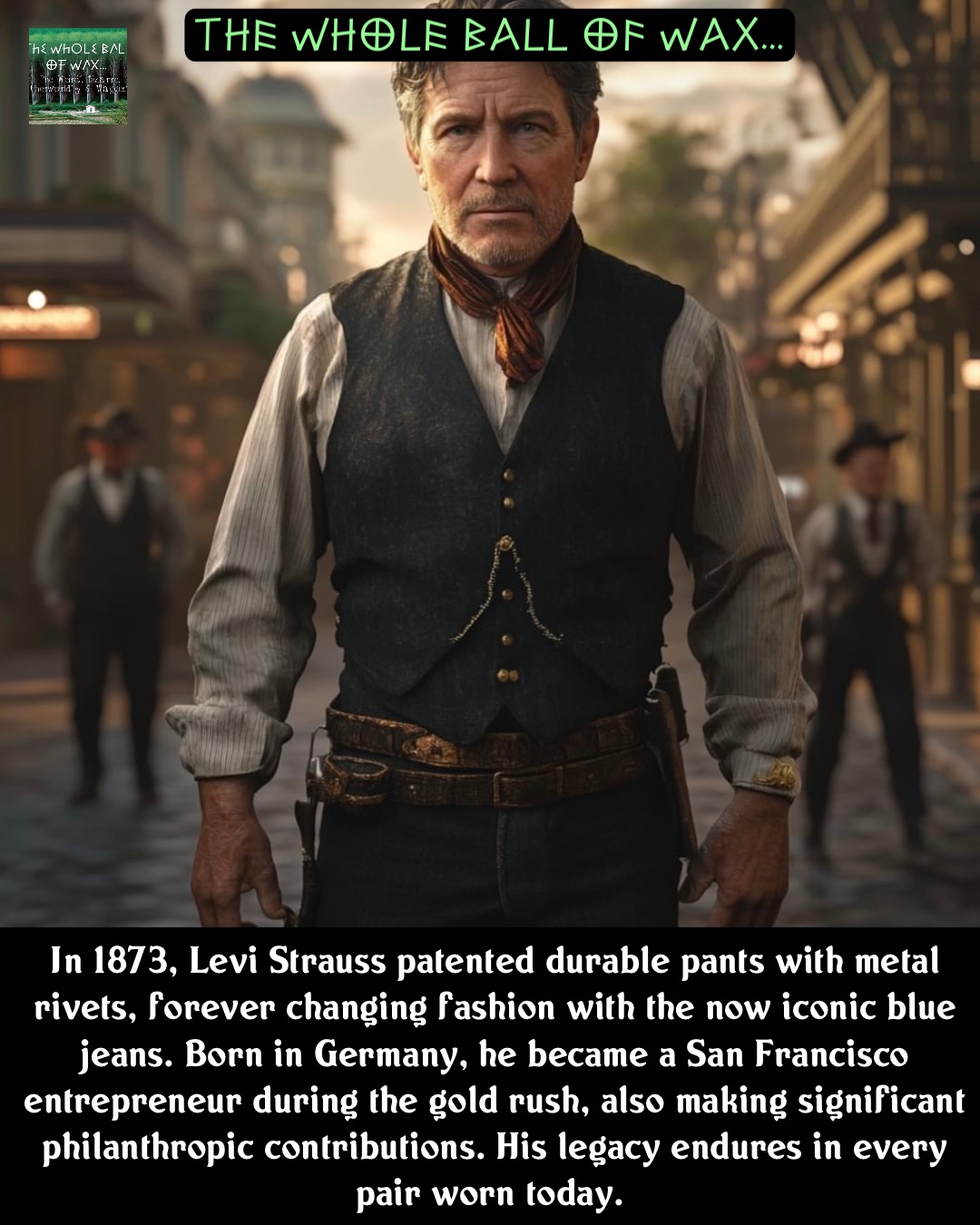 Double tap to edit In 1873, Levi Strauss patented durable pants with metal rivets, forever changing fashion with the now iconic blue jeans. Born in Germany, he became a San Francisco entrepreneur during the gold rush, also making significant philanthropic contributions. His legacy endures in every pair worn today.