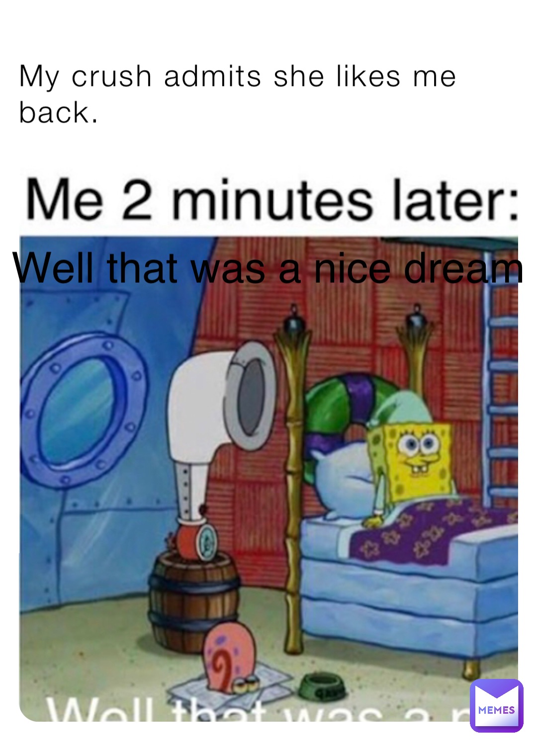 My crush admits she likes me back. Me two minutes later Well that was a nice dream
