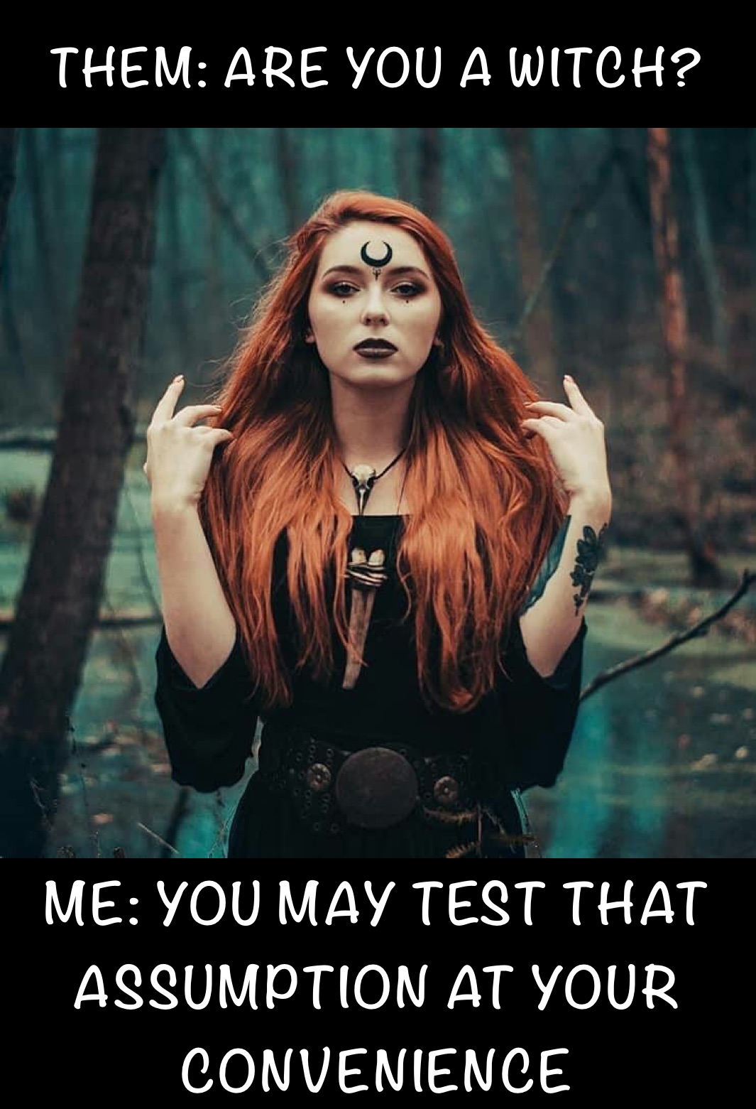 THEM: ARE YOU A WITCH? ME: YOU MAY TEST THAT ASSUMPTION AT YOUR CONVENIENCE 