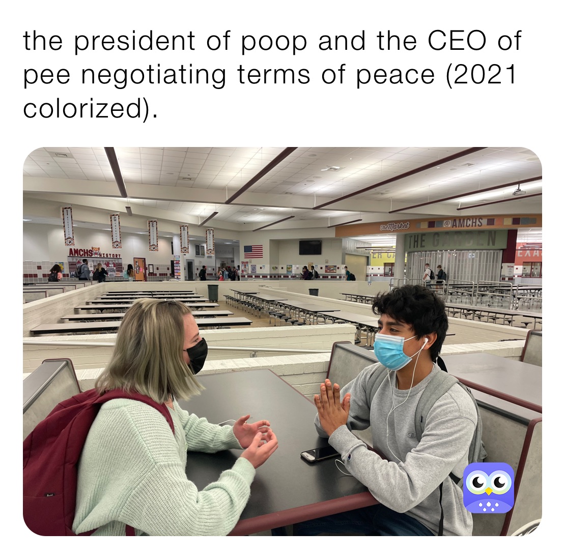 the president of poop and the CEO of pee negotiating terms of peace (2021 colorized).