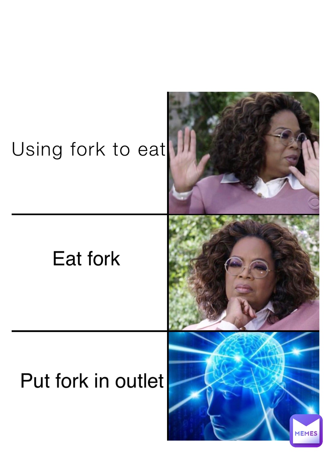 Using fork to eat Eat fork Put fork in outlet