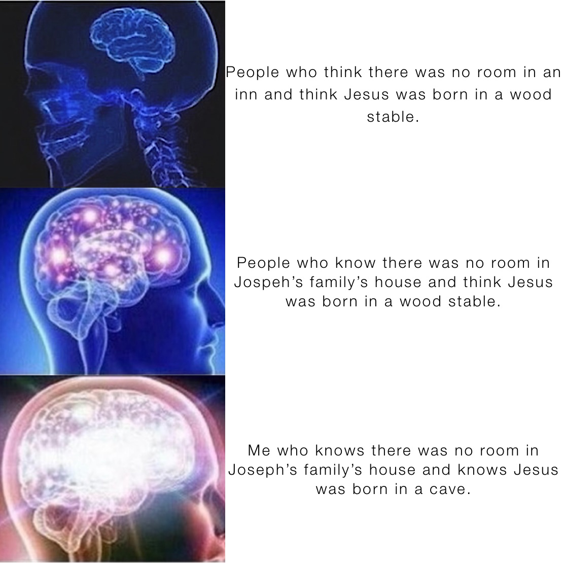 People who think there was no room in an inn and think Jesus was born in a wood stable. People who know there was no room in Jospeh’s family’s house and think Jesus was born in a wood stable. Me who knows there was no room in Joseph’s family’s house and knows Jesus was born in a cave.