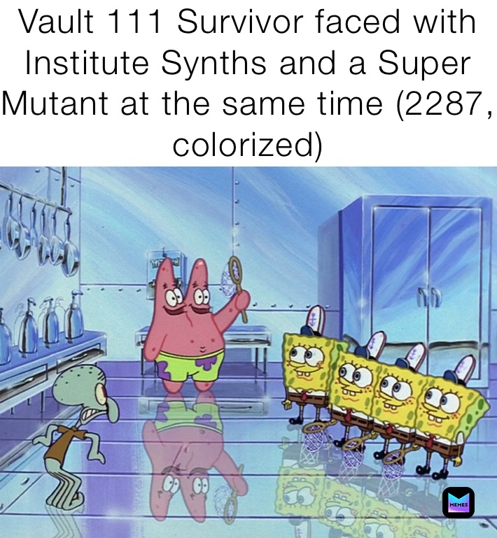 Vault 111 Survivor faced with Institute Synths and a Super Mutant at the same time (2287, colorized)