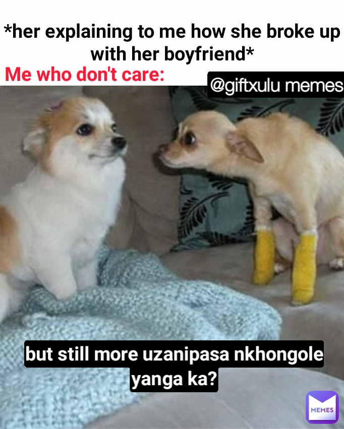 Me who don't care: @giftxulu memes *her explaining to me how she broke up with her boyfriend* but still more uzanipasa nkhongole yanga ka?