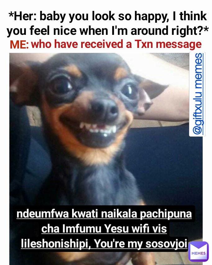 ME: who have received a Txn message ndeumfwa kwati naikala pachipuna cha Imfumu Yesu wifi vis lileshonishipi, You're my sosovjoi @giftxulu memes *Her: baby you look so happy, I think you feel nice when I'm around right?*