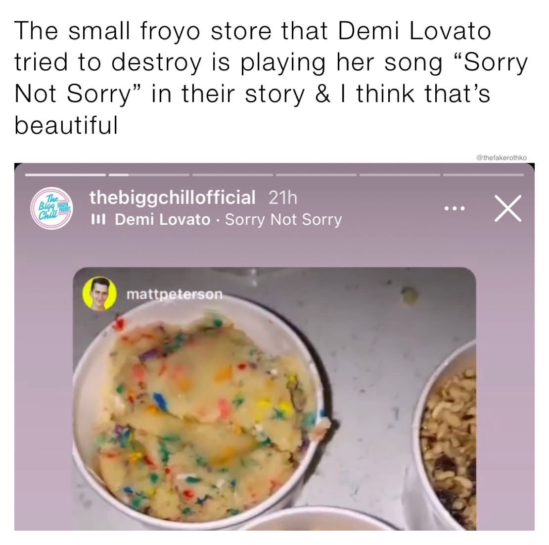 The small froyo store that Demi Lovato tried to destroy is playing her song “Sorry Not Sorry” in their story & I think that’s beautiful