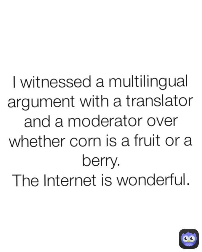 I witnessed a multilingual argument with a translator and a moderator over whether corn is a fruit or a berry.
The Internet is wonderful.