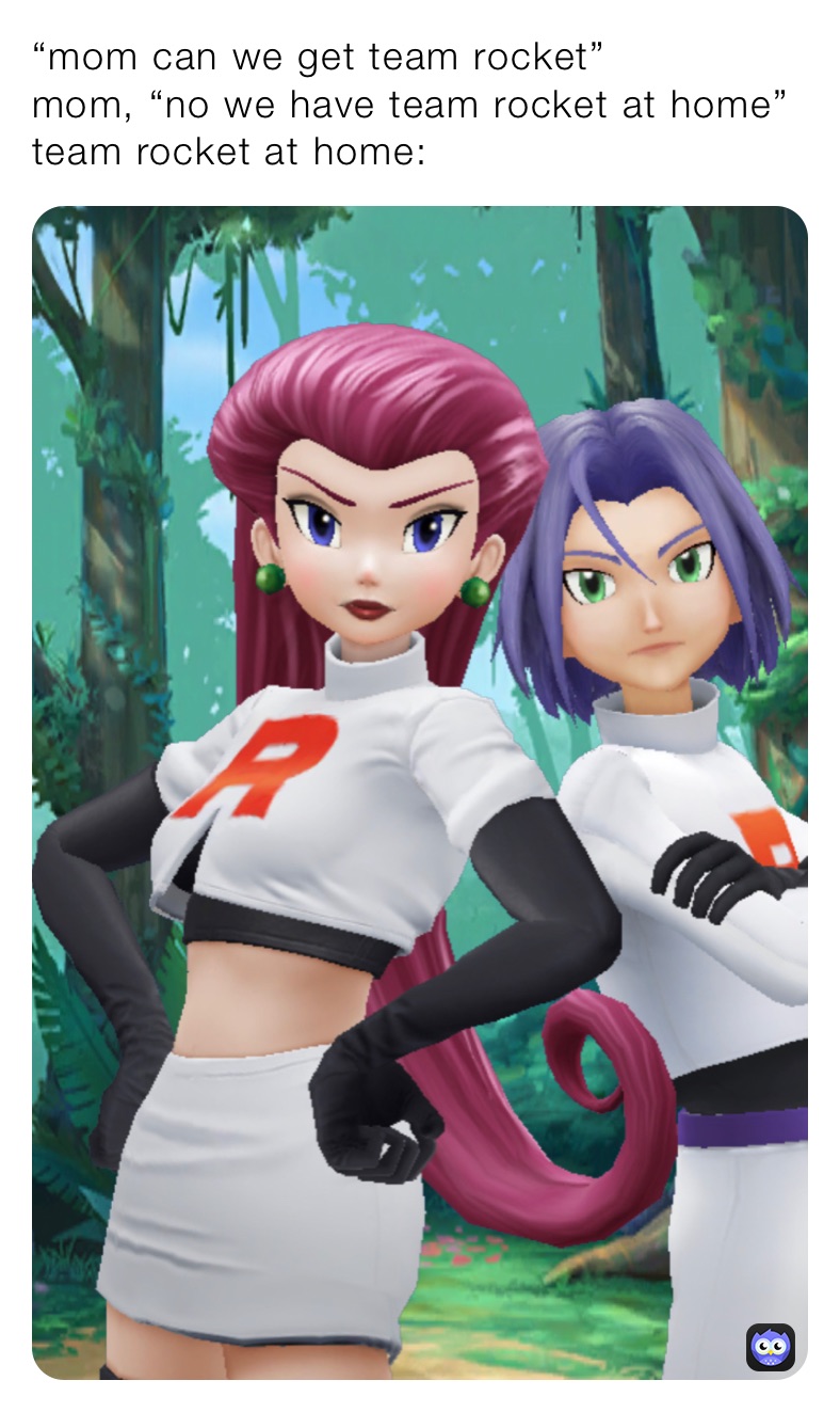 “mom can we get team rocket”
mom, “no we have team rocket at home” 
team rocket at home: