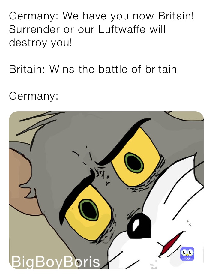 Germany: We have you now Britain! Surrender or our Luftwaffe will destroy you!

Britain: Wins the battle of britain

Germany: