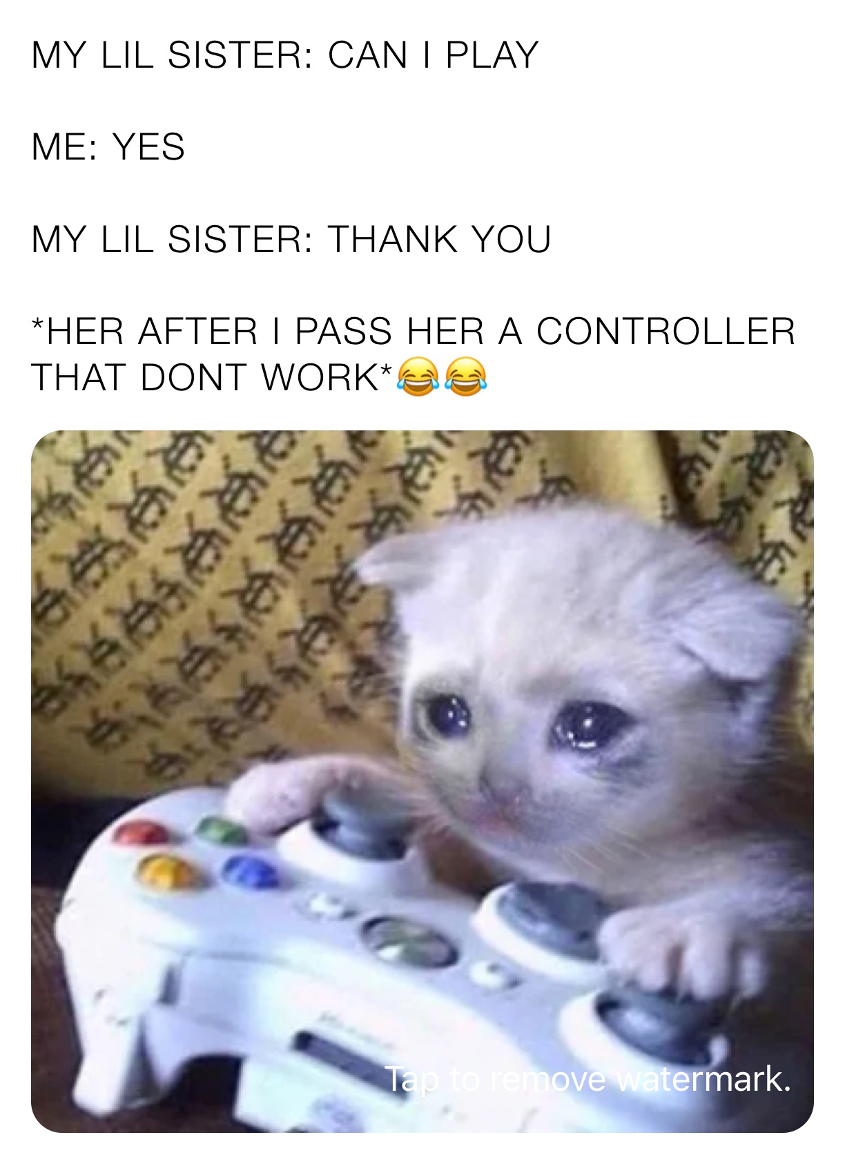 MY LIL SISTER: CAN I PLAY

ME: YES 

MY LIL SISTER: THANK YOU

*HER AFTER I PASS HER A CONTROLLER THAT DONT WORK*😂😂