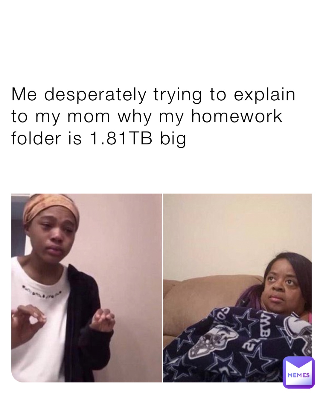 Me desperately trying to explain to my mom why my homework folder is 1.81TB big