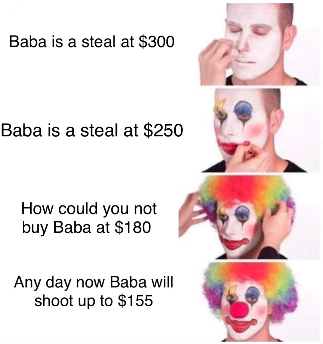 Baba is a steal at $300 Baba is a steal at $250 How could you not buy Baba at $180 Any day now Baba will shoot up to $155 Any day now Baba will
shoot up to $155