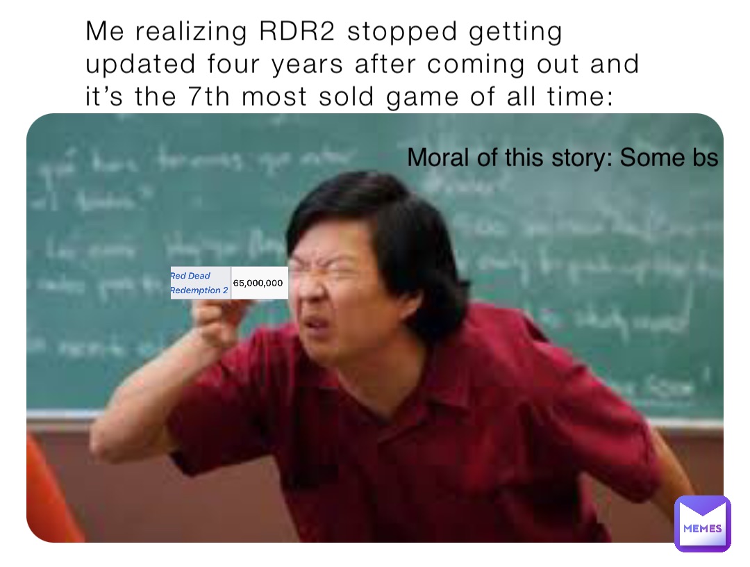 Me realizing RDR2 stopped getting updated four years after coming out and it’s the 7th most sold game of all time: Moral of this story: Some bs