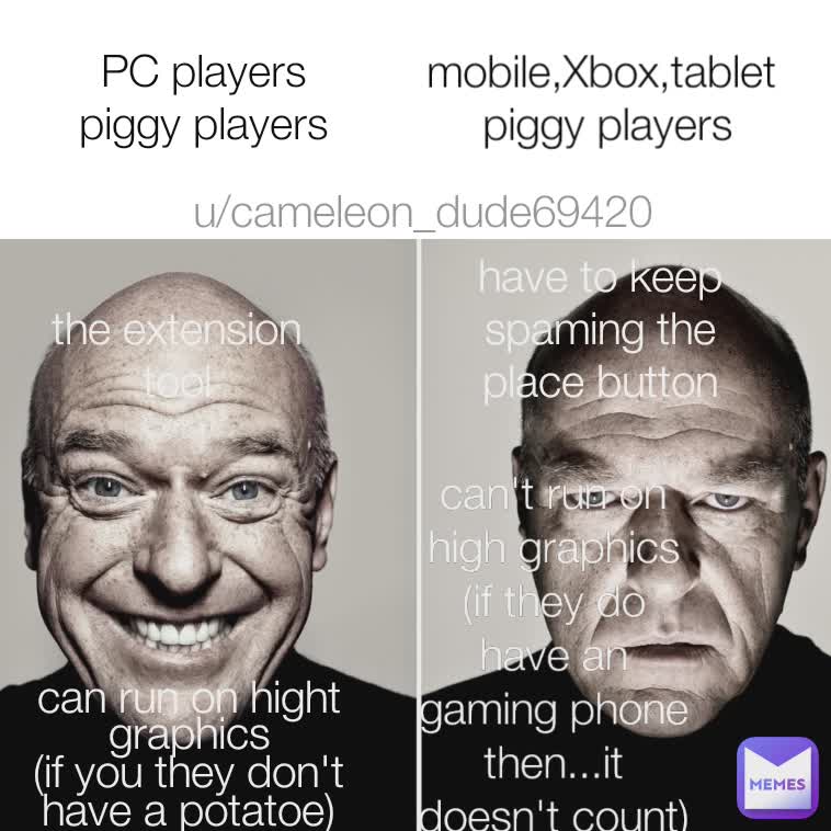 PC players piggy players
 the extension tool mobile,Xbox,tablet 
piggy players can run on hight graphics
(if you they don't have a potatoe) can't run on high graphics
(if they do have an gaming phone then...it doesn't count) have to keep spaming the place button u/cameleon_dude69420