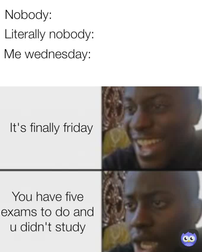 Literally nobody: Nobody: You have five exams to do and u didn't study Me wednesday: It's finally friday