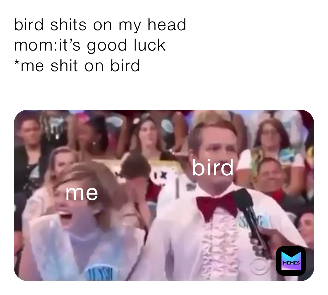 bird shits on my head 
mom:it’s good luck 
*me shit on bird 
