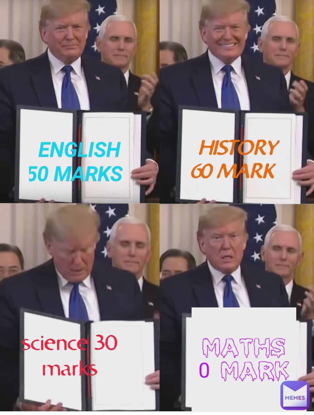 ENGLISH 50 MARKS HISTORY 60 MARK science 30 marks maths 0 mark