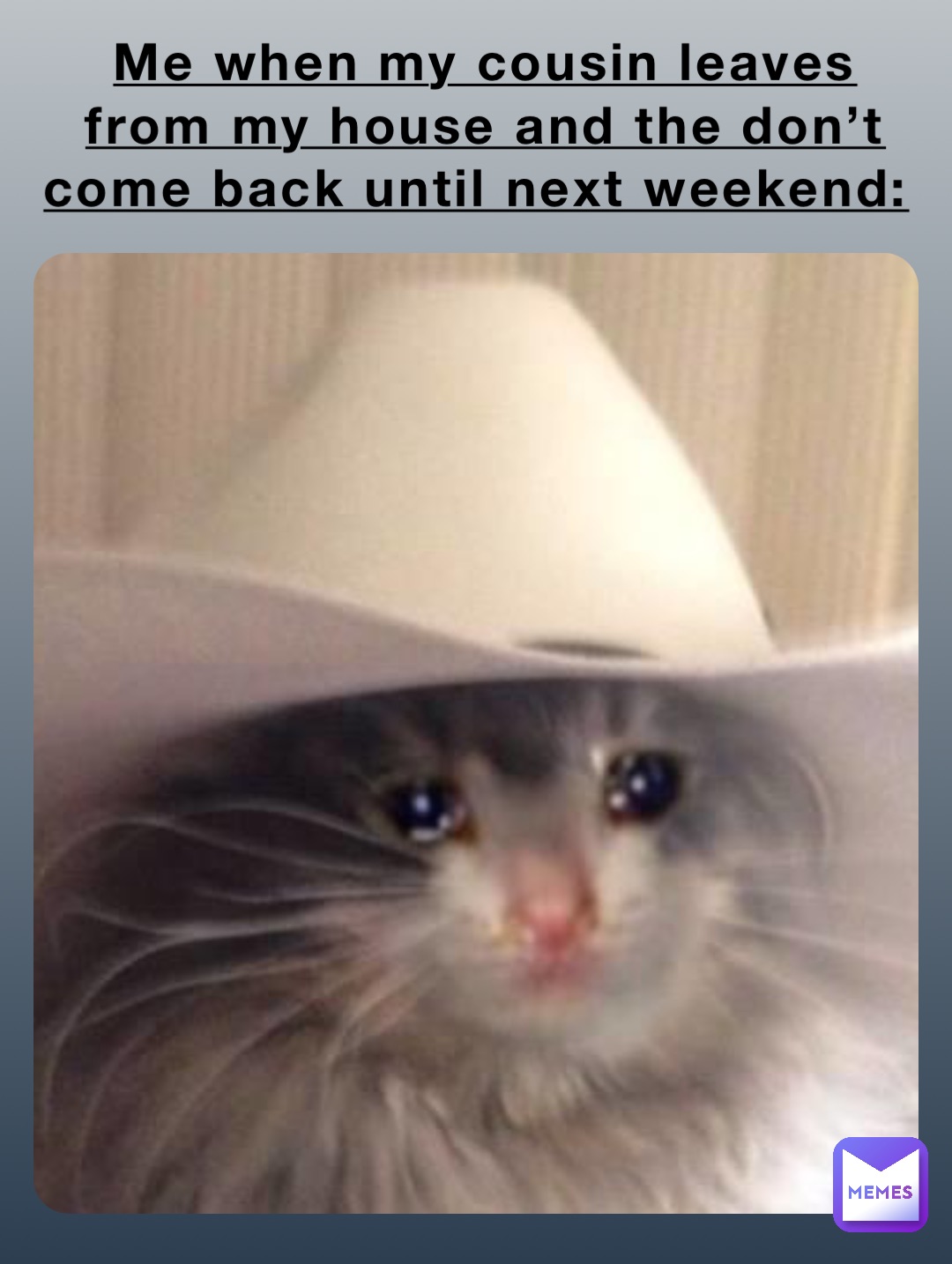 Me when my cousin leaves from my house and the don’t come back until next weekend:😭