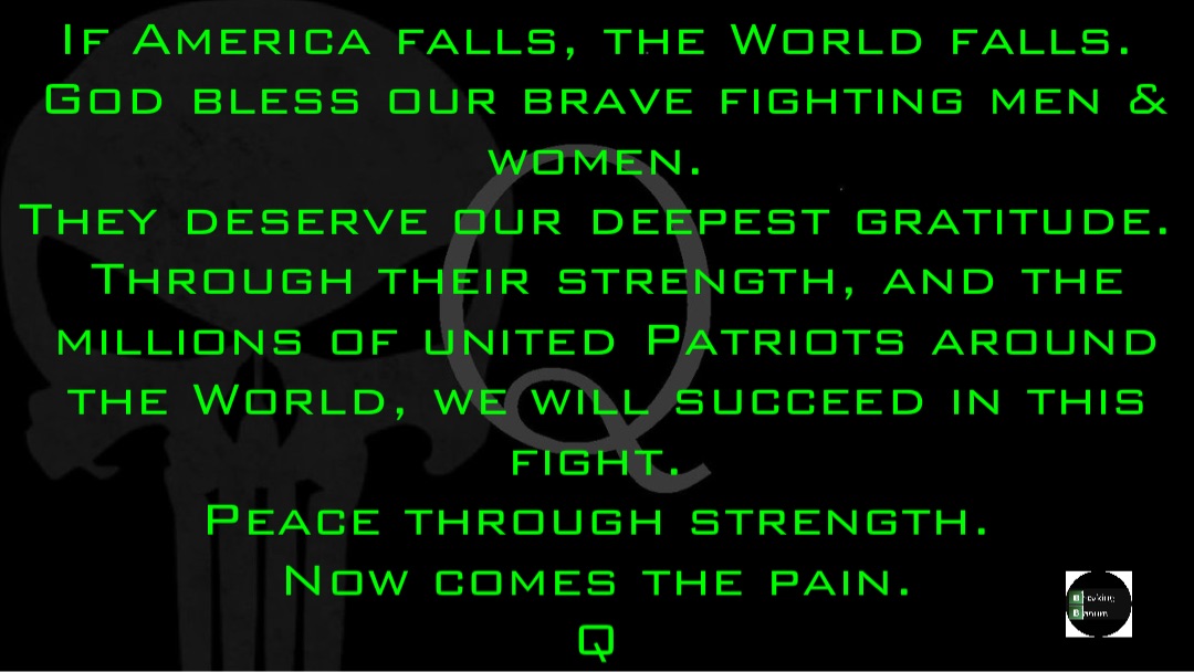 If America falls, the World falls.
God bless our brave fighting men & women.
They deserve our deepest gratitude.
Through their strength, and the millions of united Patriots around the World, we will succeed in this fight.
Peace through strength.
Now comes the pain.
Q