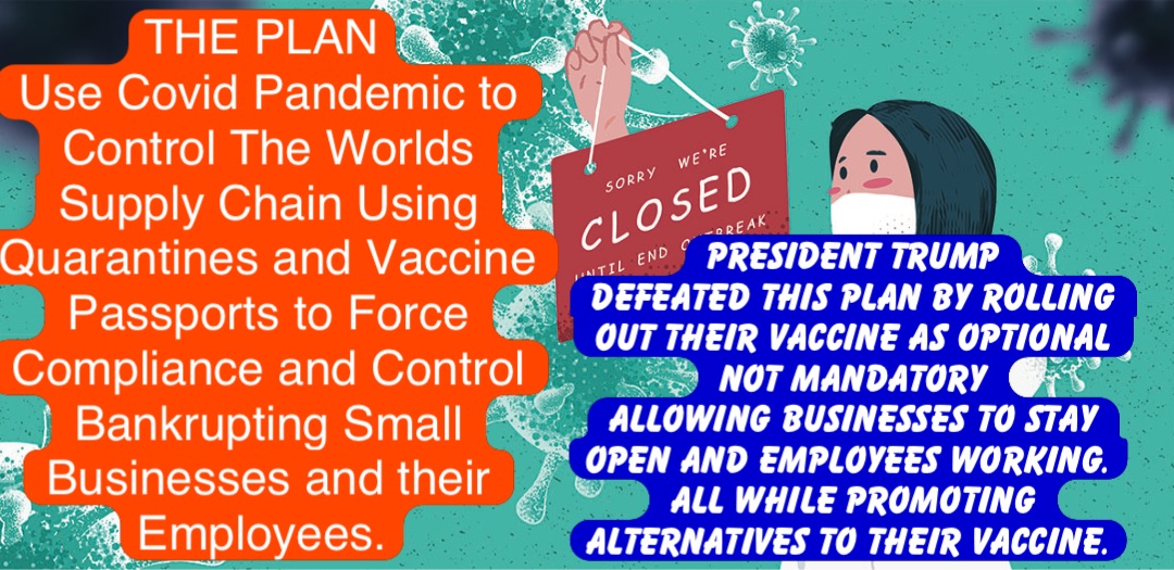 THE PLAN
Use Covid Pandemic to Control The Worlds Supply Chain Using Quarantines and Vaccine Passports to Force Compliance and Control Bankrupting Small Businesses and their Employees. President Trump 
Defeated this Plan by Rolling out Their Vaccine as OPTIONAL NOT MANDATORY 
Allowing Businesses to Stay Open and Employees working.
All while Promoting Alternatives to Their Vaccine.