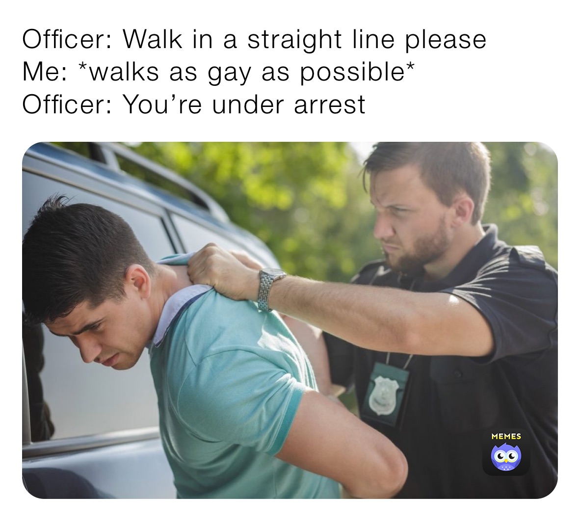 Officer: Walk in a straight line please
Me: *walks as gay as possible*
Officer: You’re under arrest 