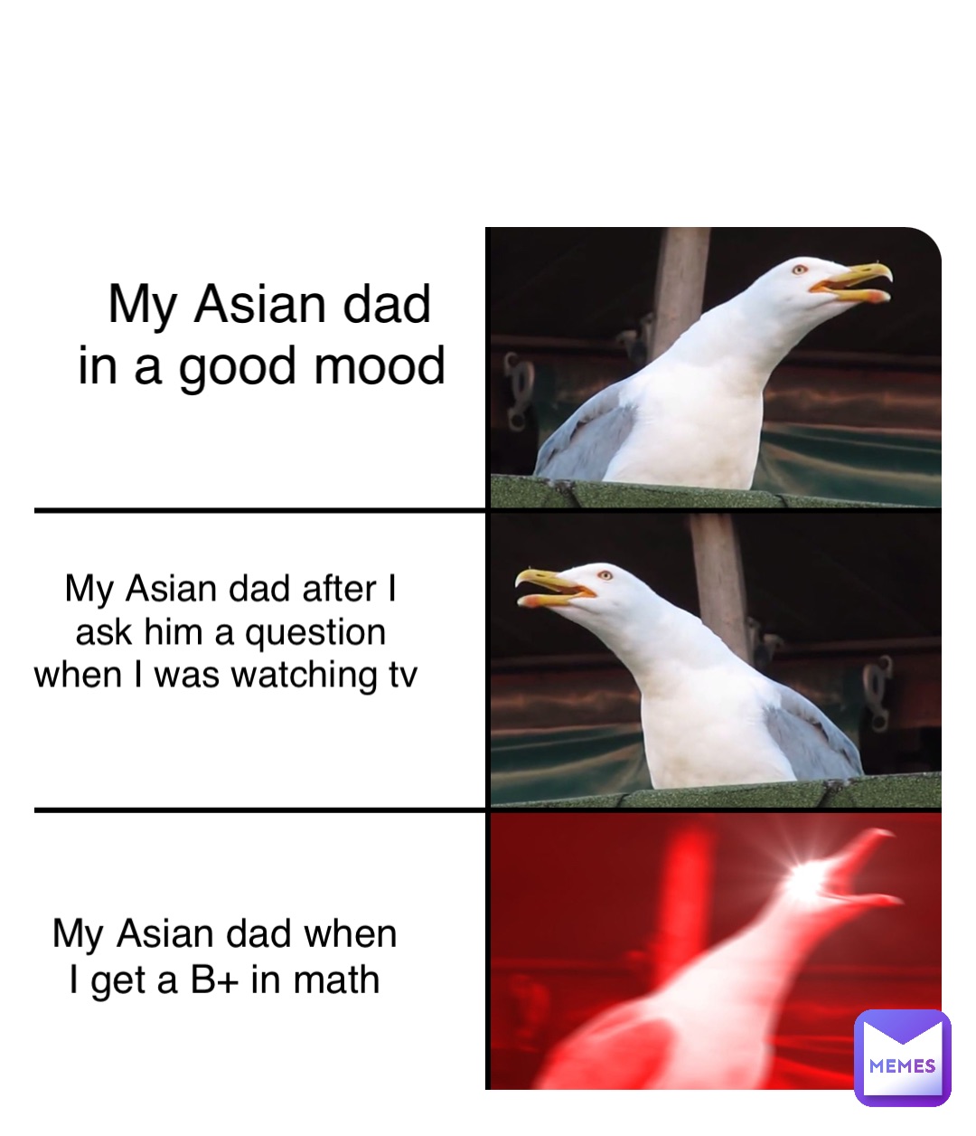 Double tap to edit My Asian dad in a good mood My Asian dad after I ask him a question when I was watching tv My Asian dad when I get a B+ in math