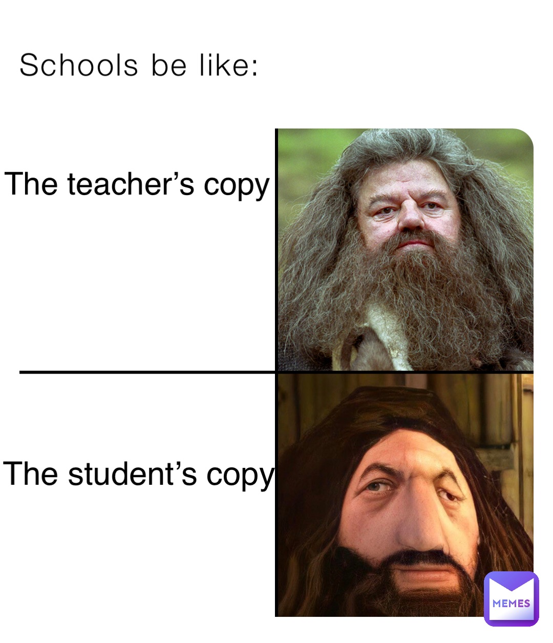 Schools be like: The teacher’s copy The student’s copy