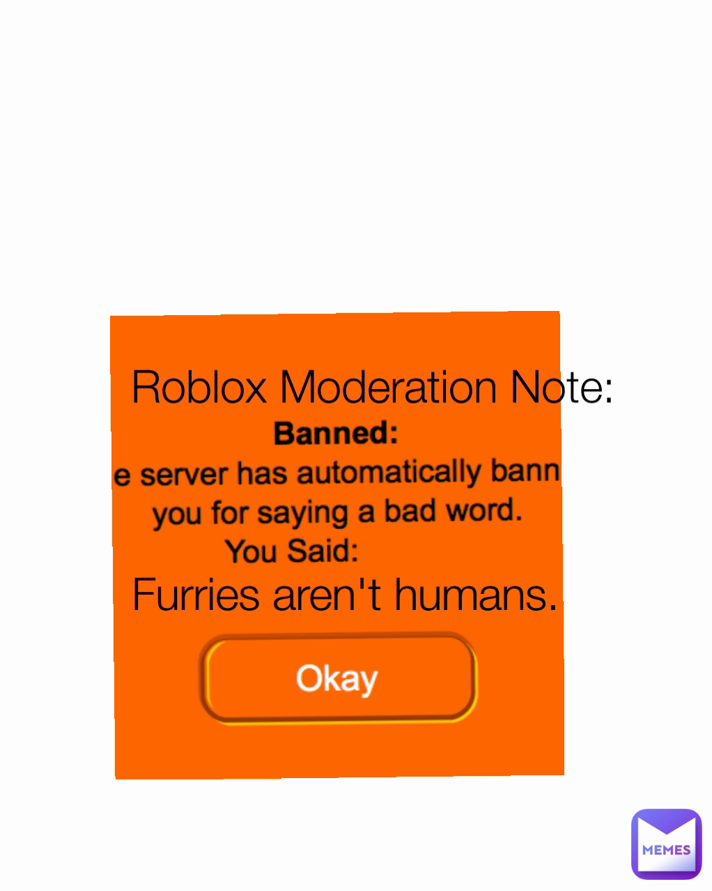 Roblox Moderation Note:

 Furries aren't humans.