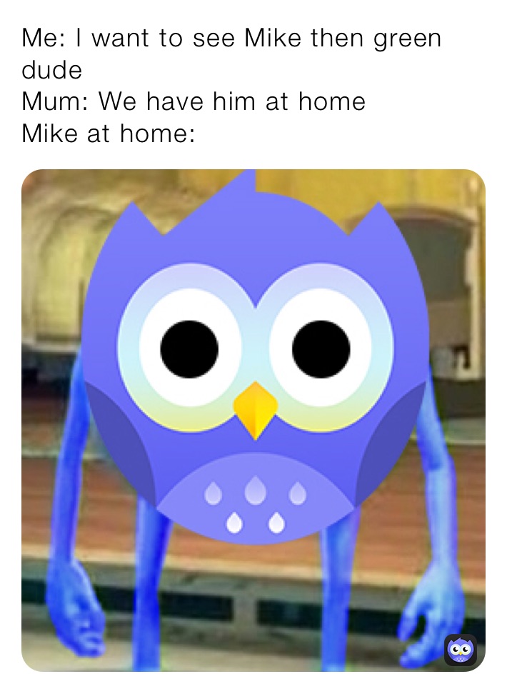 Me: I want to see Mike then green dude 
Mum: We have him at home 
Mike at home: