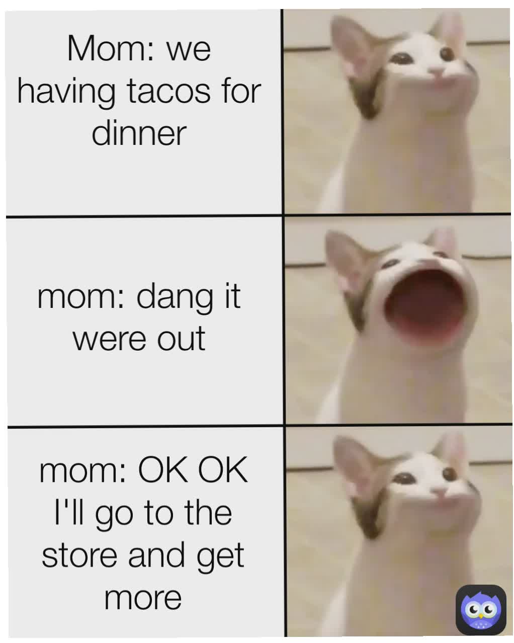 mom: OK OK I'll go to the store and get more mom: dang it were out Mom: we having tacos for dinner
