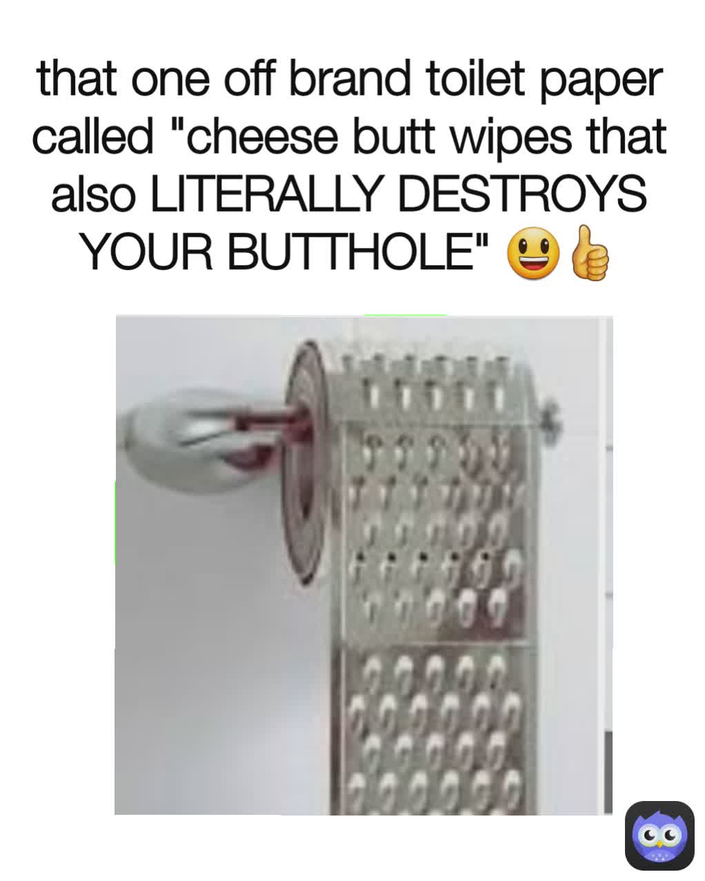 that one off brand toilet paper called "cheese butt wipes that also LITERALLY DESTROYS YOUR BUTTHOLE" 😃👍