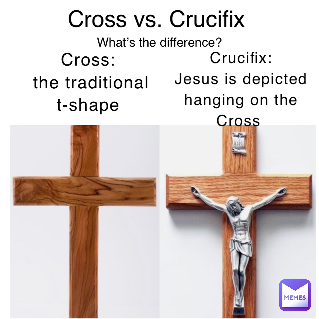 Cross vs. Crucifix Cross:
the traditional t-shape Crucifix: 
Jesus is depicted hanging on the Cross What’s the difference?