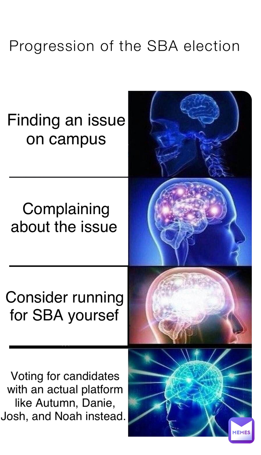 Progression of the SBA election Finding an issue on campus Complaining about the issue Consider running for SBA yoursef Voting for candidates with an actual platform like Autumn, Danie, Josh, and Noah instead.