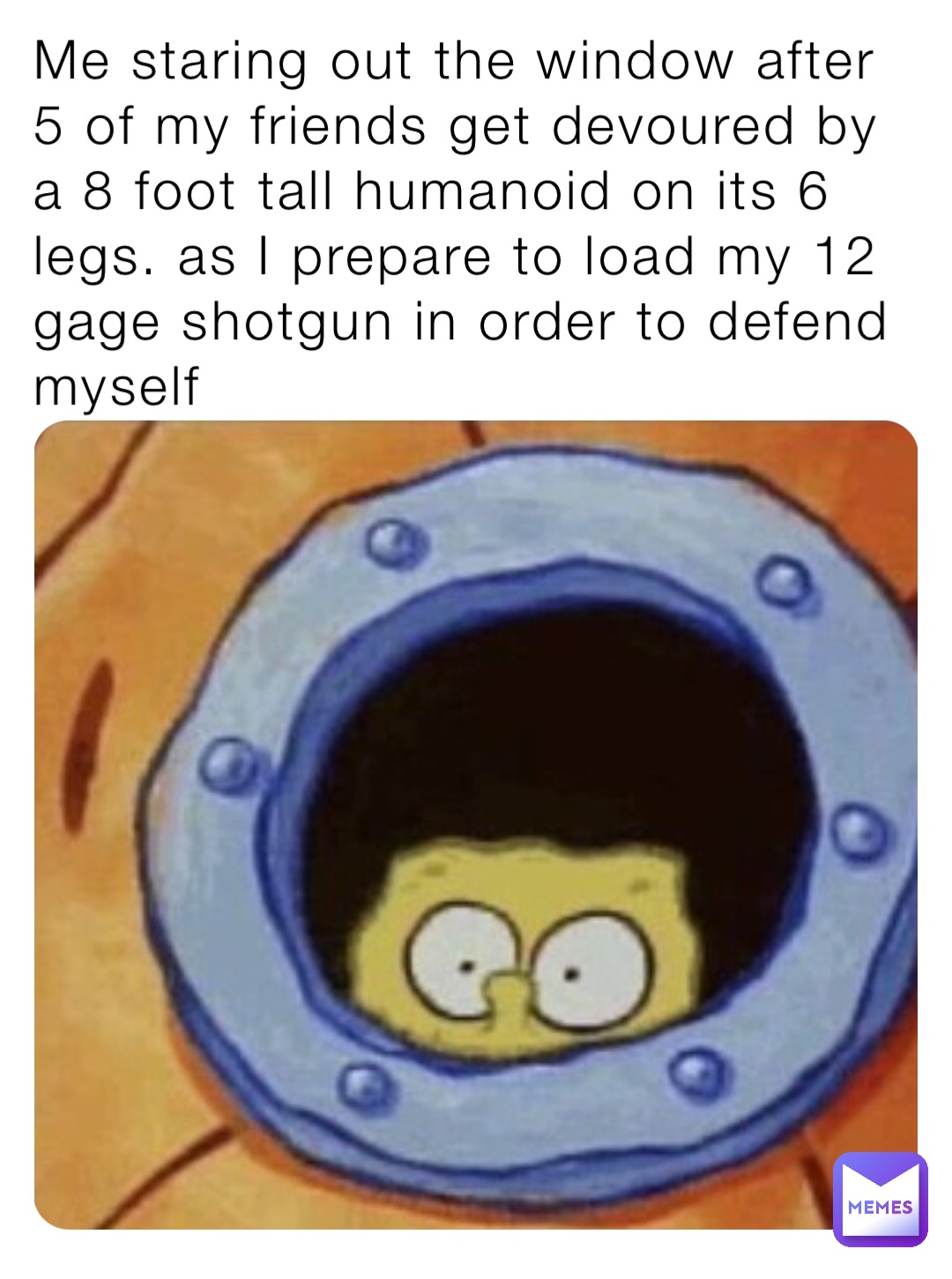 Me staring out the window after 5 of my friends get devoured by a 8 foot tall humanoid on its 6 legs. as I prepare to load my 12 gage shotgun in order to defend myself