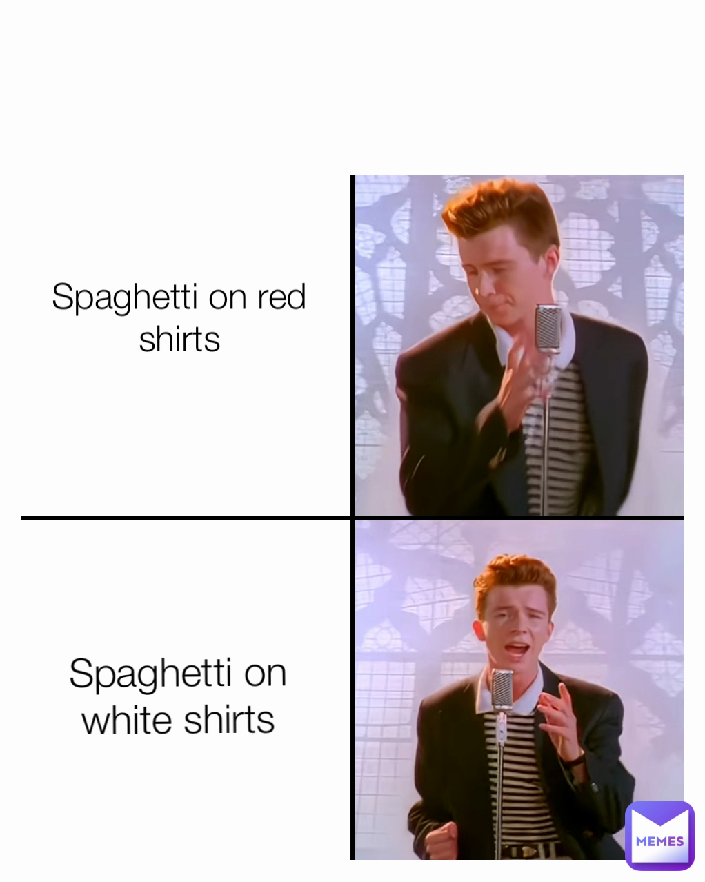 Spaghetti on red shirts Spaghetti on white shirts