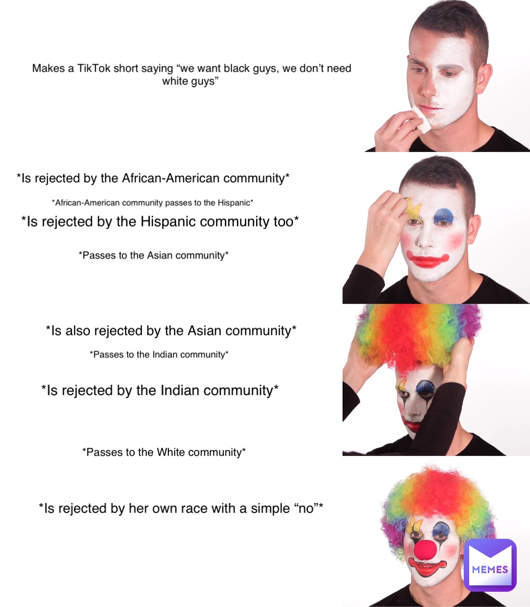 Makes a TikTok short saying “we want black guys, we don’t need white guys” *Is rejected by the African-American community* *Is rejected by the Hispanic community too* *Is also rejected by the Asian community* *African-American community passes to the Hispanic* *Passes to the Asian community* *Passes to the Indian community* *Is rejected by the Indian community* *Passes to the White community* *Is rejected by her own race with a simple “no”*