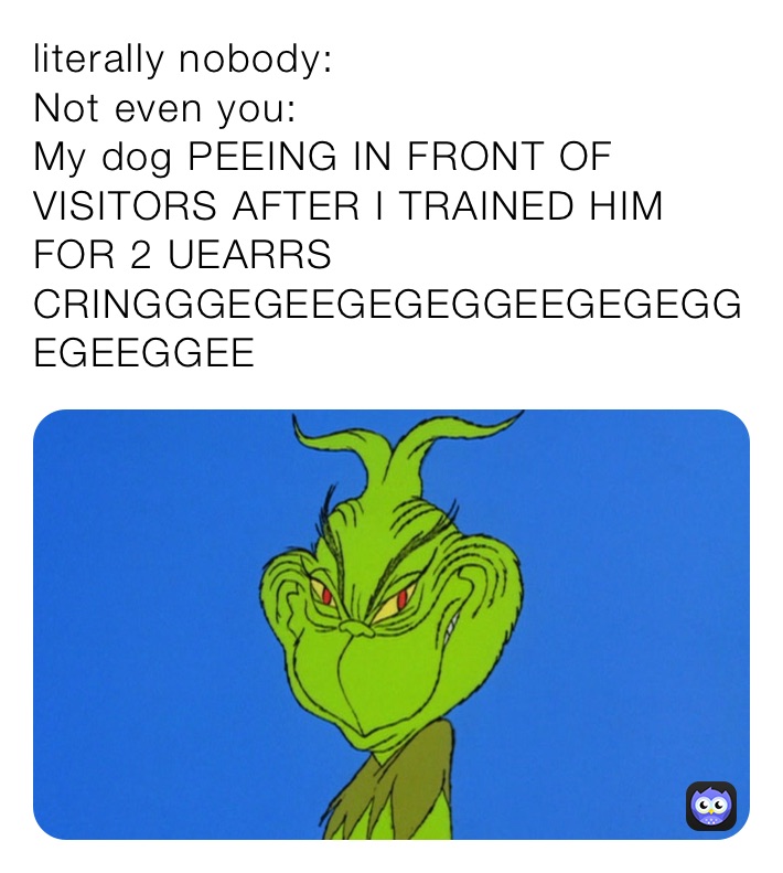 literally nobody:                                  Not even you:                                     My dog PEEING IN FRONT OF VISITORS AFTER I TRAINED HIM FOR 2 UEARRS CRINGGGEGEEGEGEGGEEGEGEGGEGEEGGEE