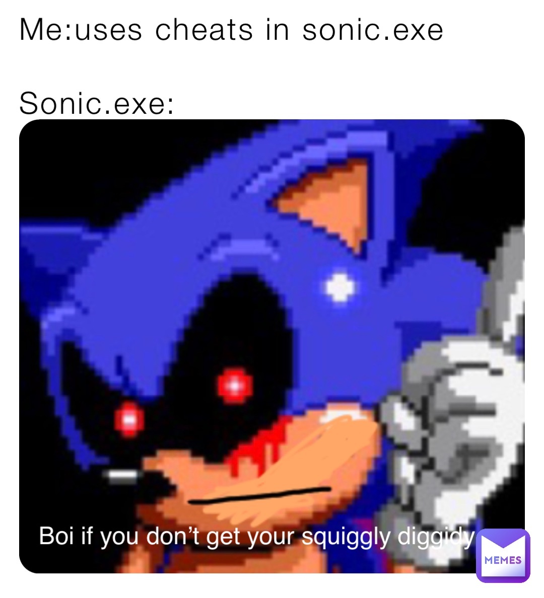 Me:uses cheats in sonic.exe

Sonic.exe: Boi if you don’t get your squiggly diggidy