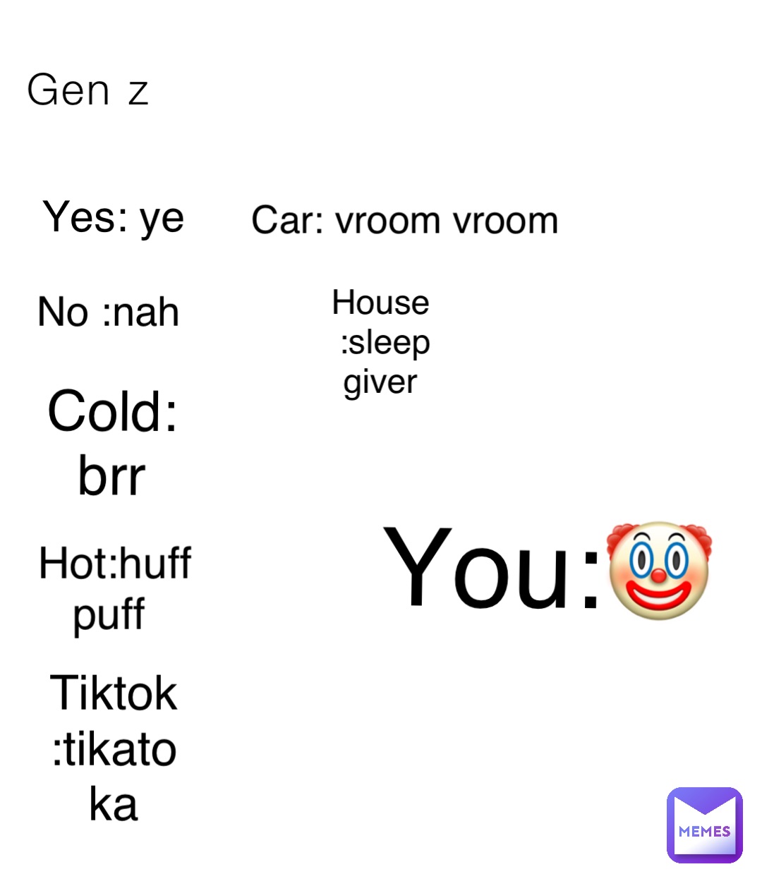 Gen z Yes: ye No :nah Cold:brr Hot:huff puff Tiktok:tikatoka Car: vroom vroom House:sleep giver You:🤡