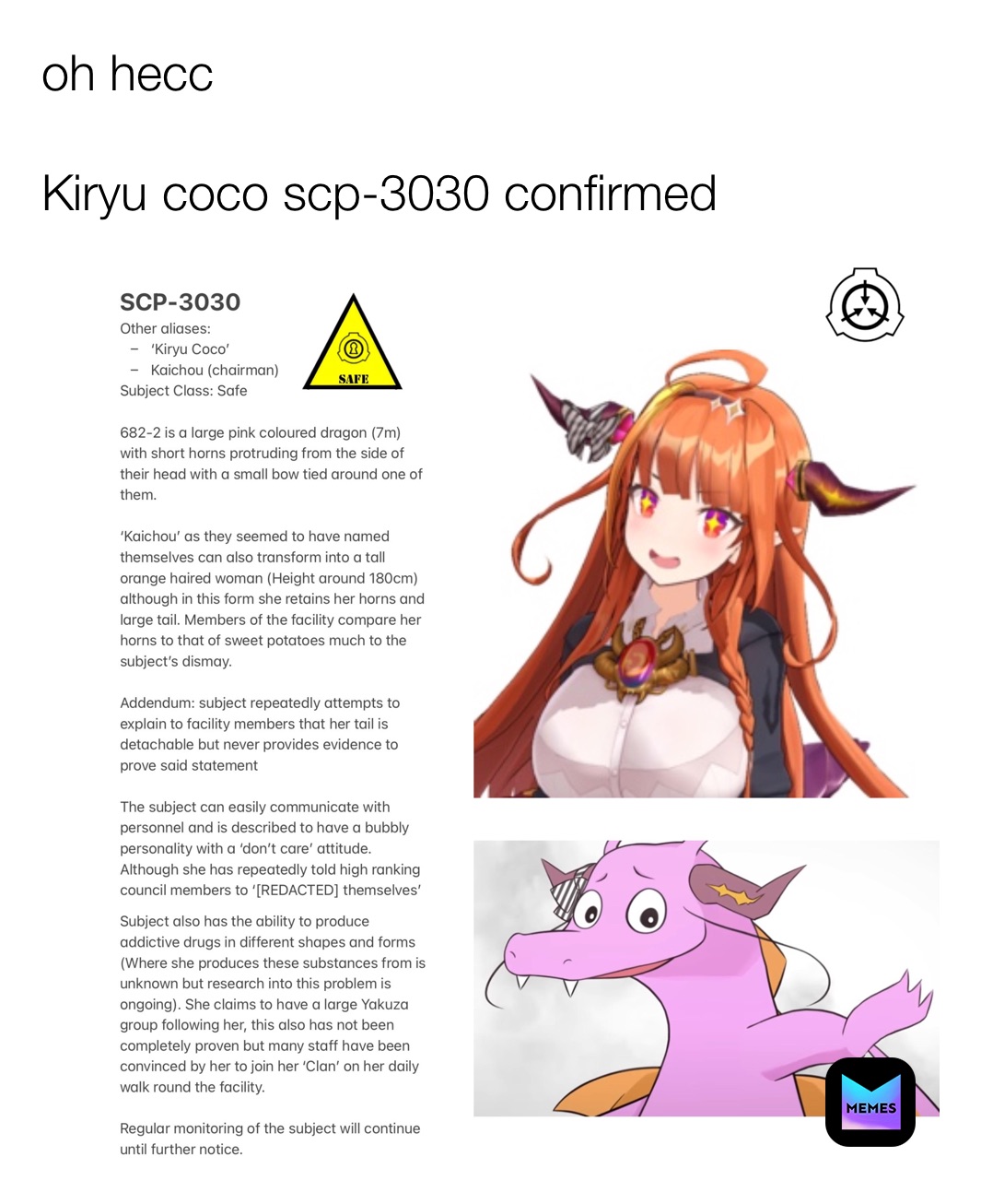 oh hecc

Kiryu coco scp-3030 confirmed