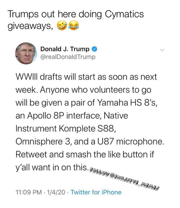 Trumps doing Cymatic giveaways #memes #memesdaily #funnymemesdaily #jokes #funnymemes #uk #ukbanter #ww3 #ww3memes #trumpmemes #music #trump #giveaways #musicproducer Cymatic #trumptrain #trumpsucks #Apollo