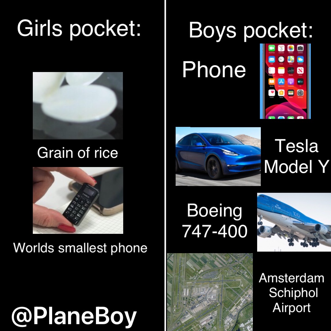 Girls pocket: Boys pocket: Grain of rice Worlds smallest phone Phone Tesla
Model Y Boeing
747-400 Amsterdam
Schiphol Airport
