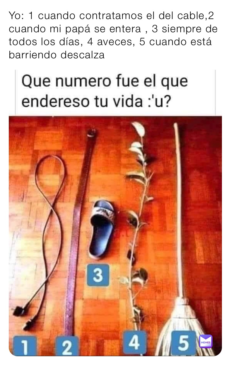 Yo: 1 cuando contratamos el del cable,2 cuando mi papá se entera , 3 siempre de todos los días, 4 aveces, 5 cuando está barriendo descalza