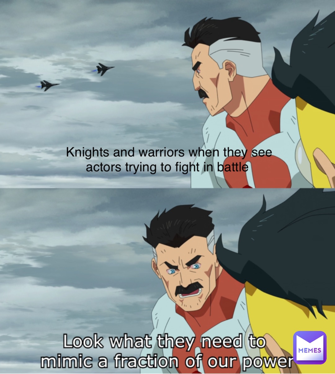 Knights and warriors when they see actors trying to fight in battle