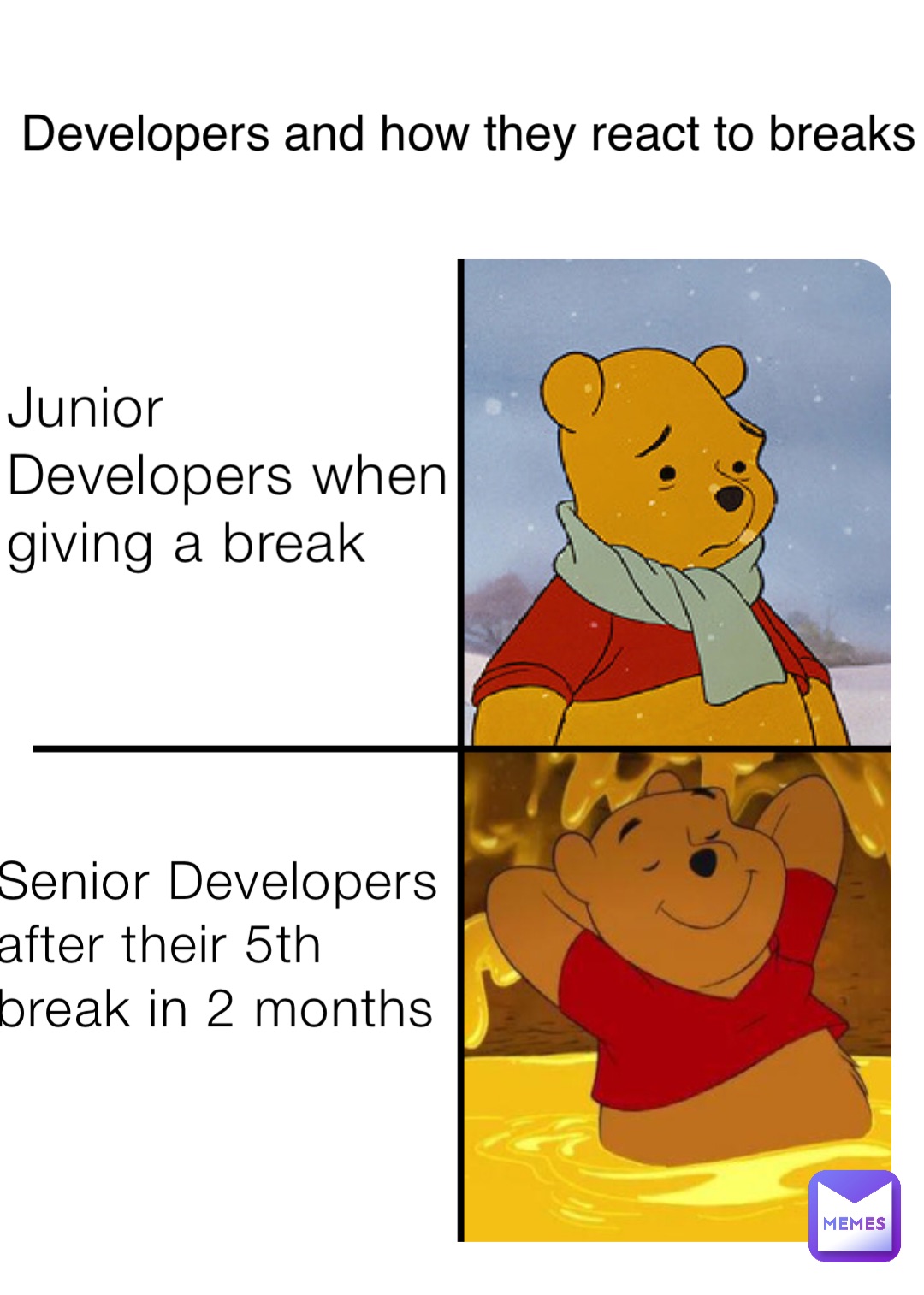 Junior Developers when giving a break Senior Developers after their 5th break in 2 months Developers and how they react to breaks