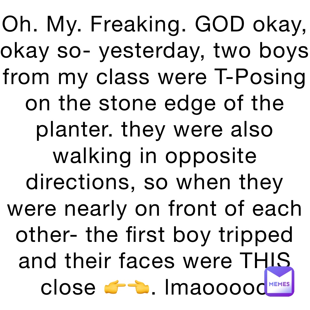 Oh. My. Freaking. GOD okay, okay so- yesterday, two boys from my class were T-Posing on the stone edge of the planter. they were also walking in opposite directions, so when they were nearly on front of each other- the first boy tripped and their faces were THIS close 👉👈. lmaooooo