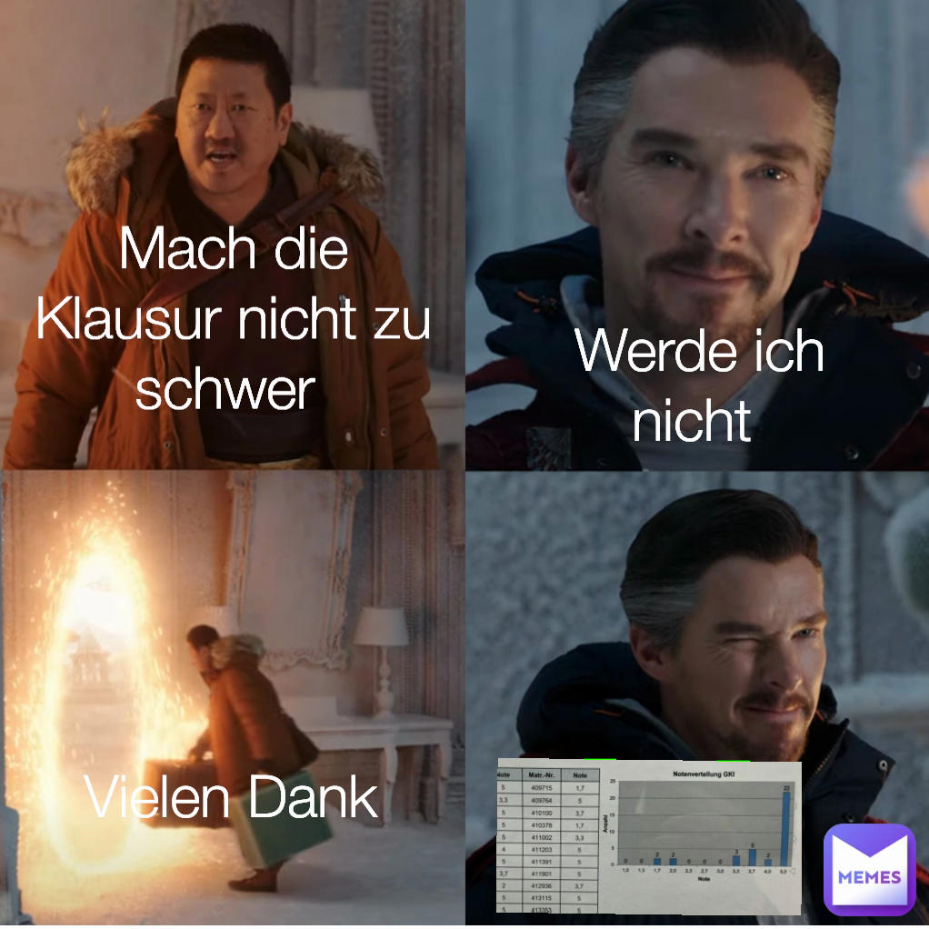 Vielen Dank  Mach die Klausur nicht zu schwer  Werde ich nicht 