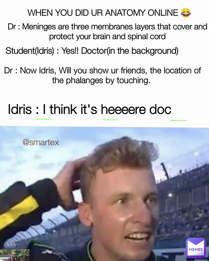 WHEN YOU DID UR ANATOMY ONLINE 😂 Dr : Meninges are three membranes layers that cover and protect your brain and spinal cord Dr : Now Idris, Will you show ur friends, the location of the phalanges by touching.  Idris : I think it's heeeere doc @smartex Student(Idris) : Yes!! Doctor(in the background)